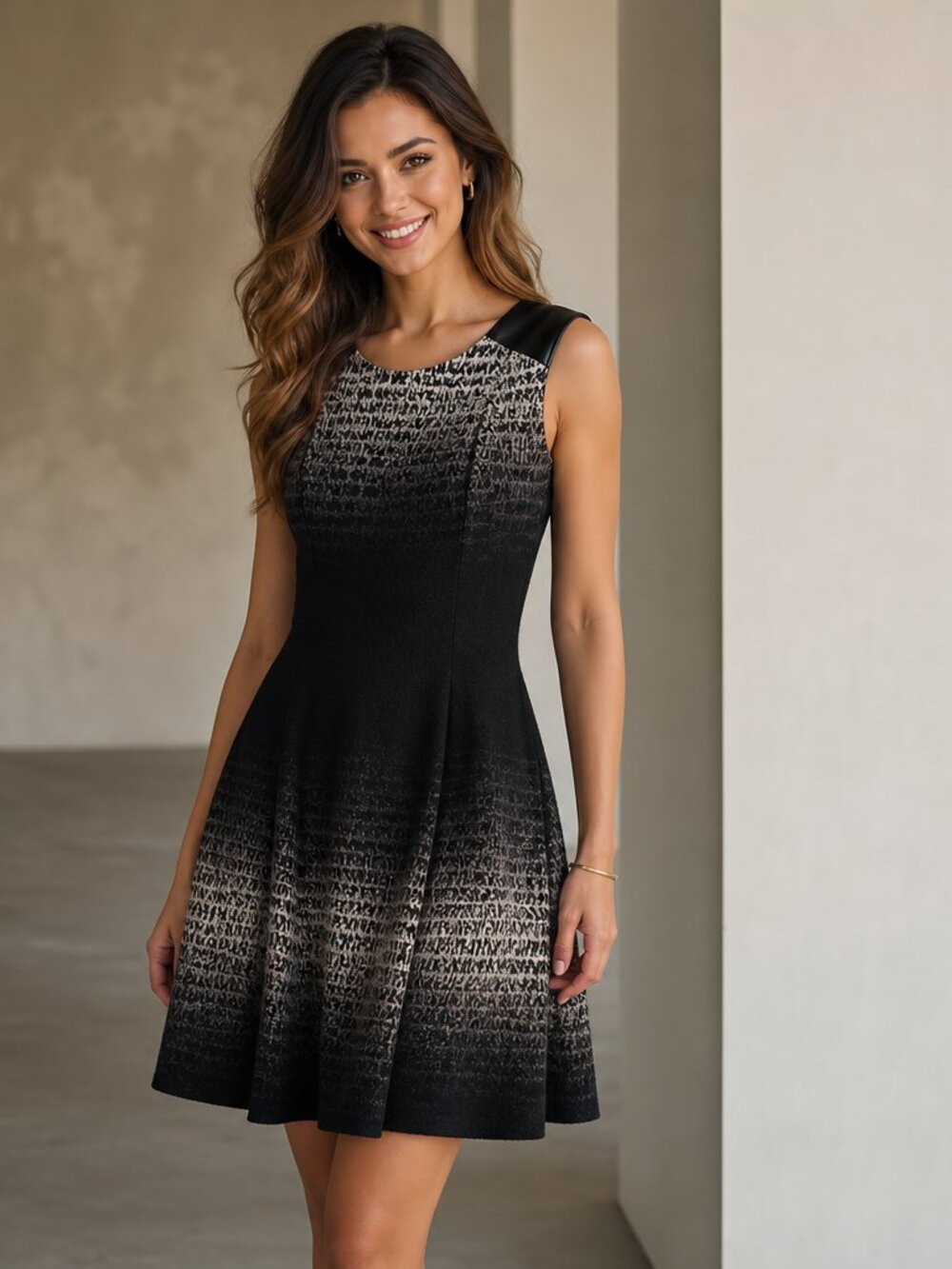 Joseph Ribkoff Black and White Ombre Gradient Patterned Sleeveless Dress Size M